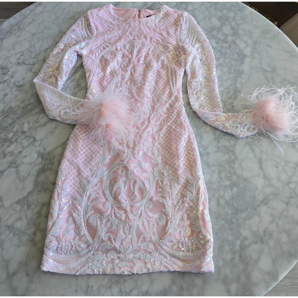 Blondie Nites Pink Iridescent Sequin Feather Cuff Mini Dress 3 Womens Juniors - Picture 5 of 12